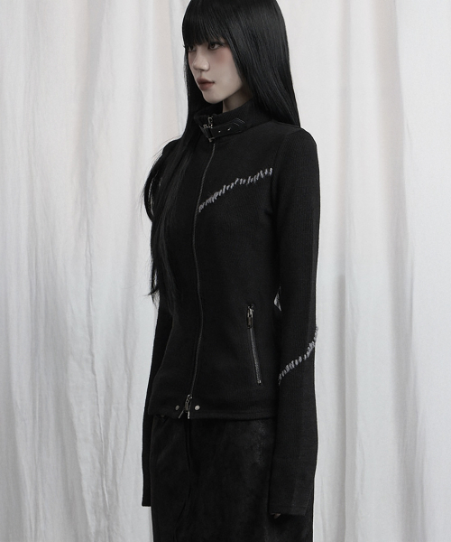 Contrast Stitch Zip-Up Long Sleeve (Black)