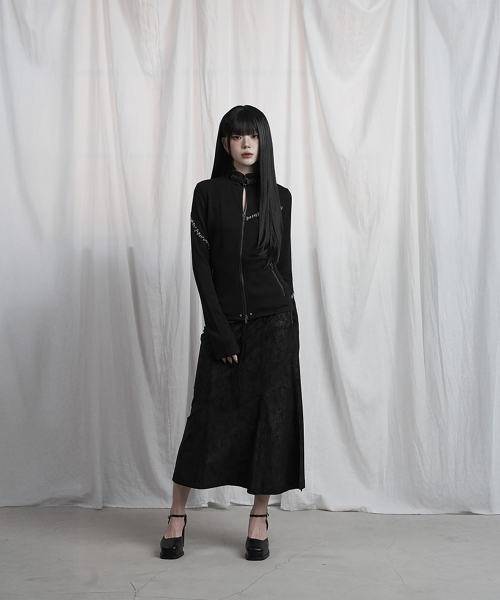 Contrast Stitch Zip-Up Long Sleeve (Black)