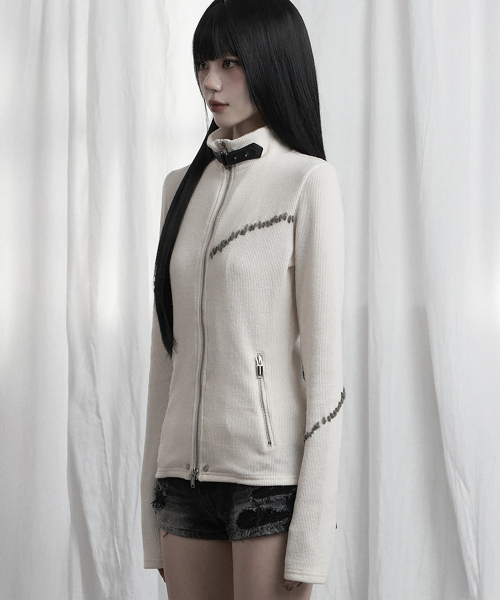 Contrast Stitch Zip-Up Long Sleeve (Ivory)
