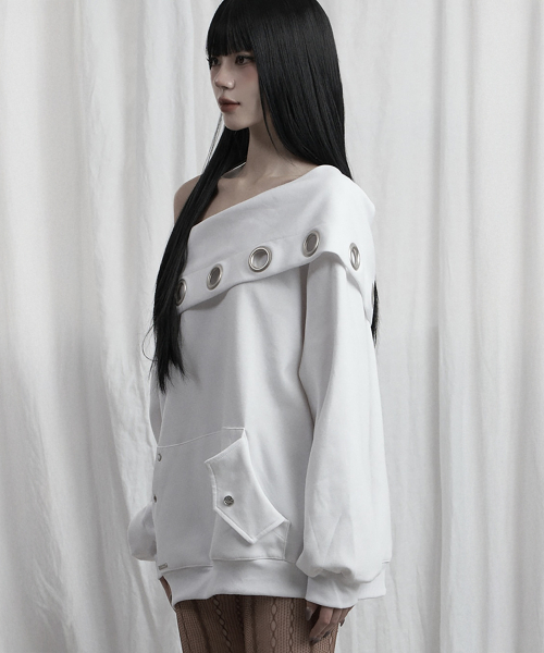 Off Shoulder Hood Layer Sweatshirt (White)