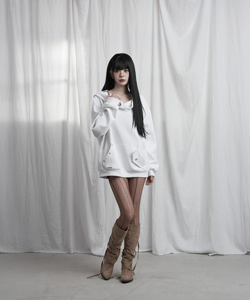 Off Shoulder Hood Layer Sweatshirt (White)