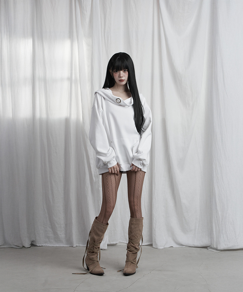 Off Shoulder Hood Layer Sweatshirt (White)