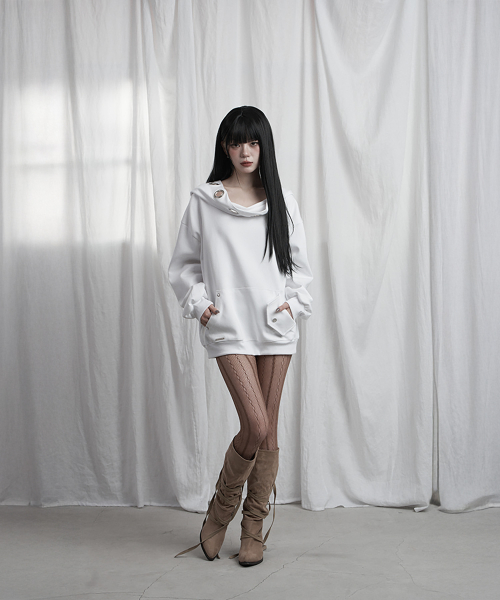 Off Shoulder Hood Layer Sweatshirt (White)