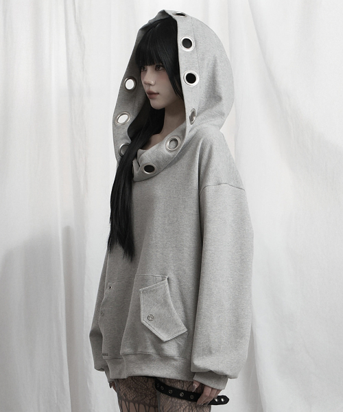 Off Shoulder Hood Layer Sweatshirt (Gray)