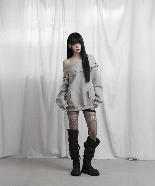 Off Shoulder Hood Layer Sweatshirt (Gray)
