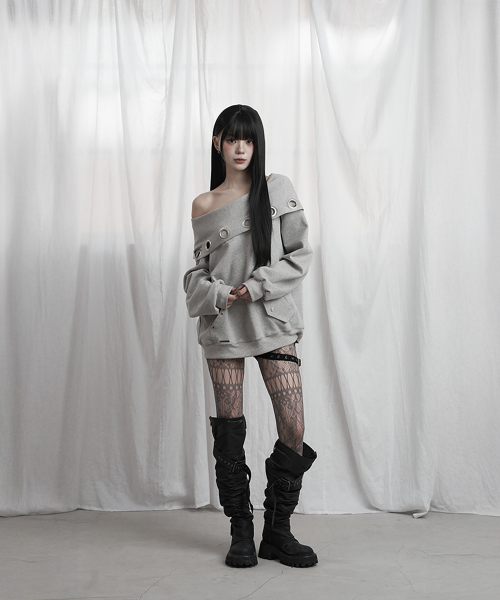Off Shoulder Hood Layer Sweatshirt (Gray)