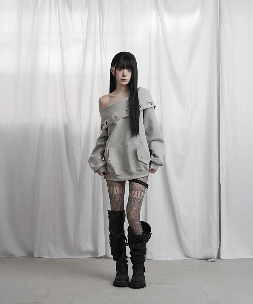 Off Shoulder Hood Layer Sweatshirt (Gray)