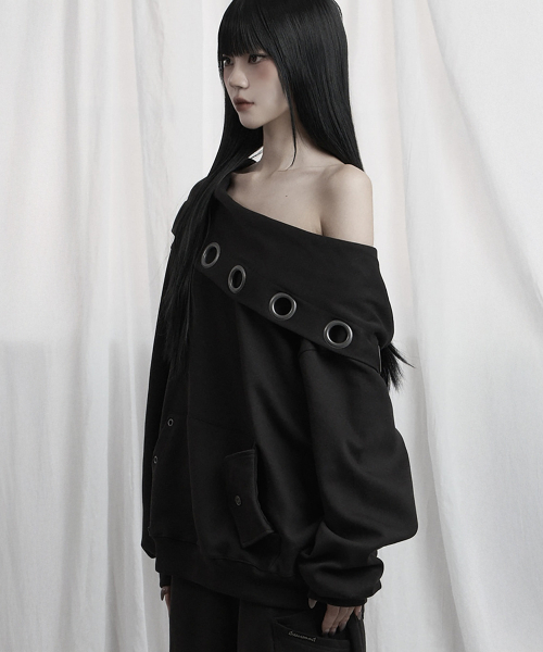 Off Shoulder Hood Layer Sweatshirt (Black)