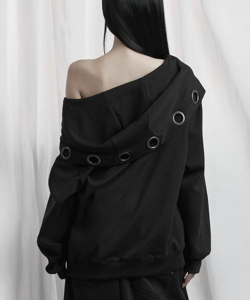 Off Shoulder Hood Layer Sweatshirt (Black)