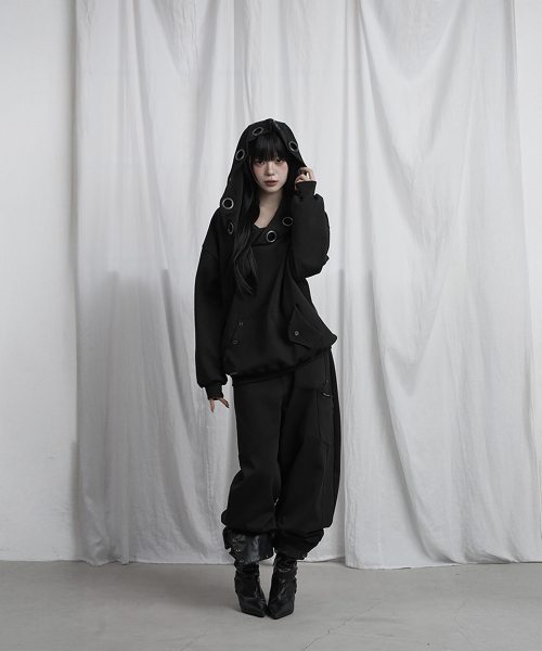 Off Shoulder Hood Layer Sweatshirt (Black)