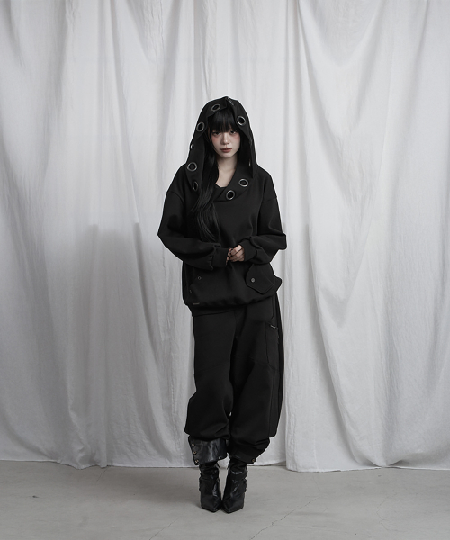 Off Shoulder Hood Layer Sweatshirt (Black)