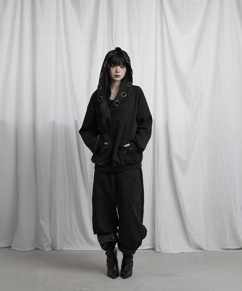 Off Shoulder Hood Layer Sweatshirt (Black)