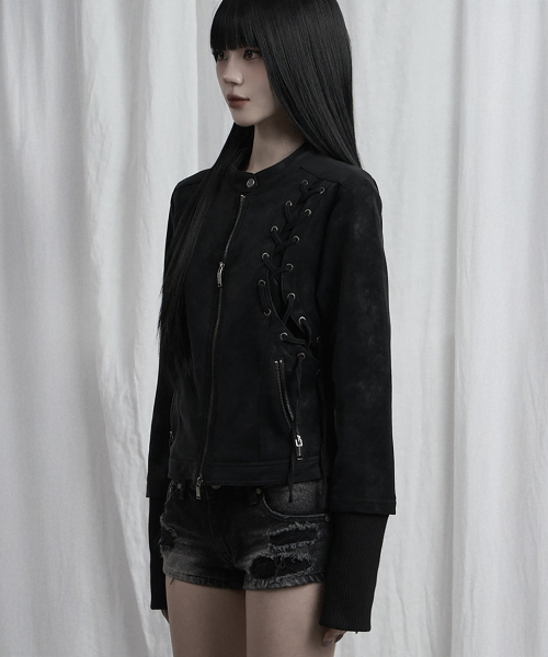Eyelet Point Cropped Leather Jacket (Black)