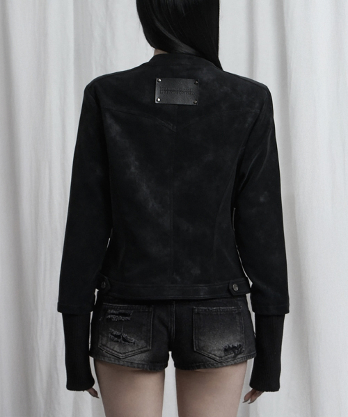 Eyelet Point Cropped Leather Jacket (Black)
