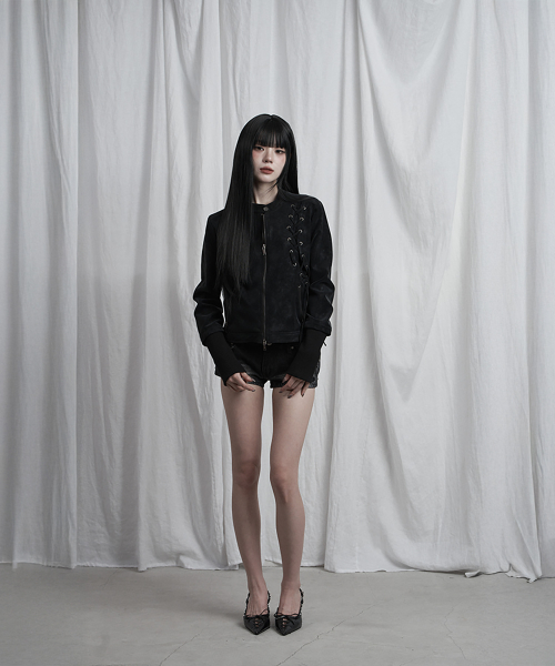 Eyelet Point Cropped Leather Jacket (Black)