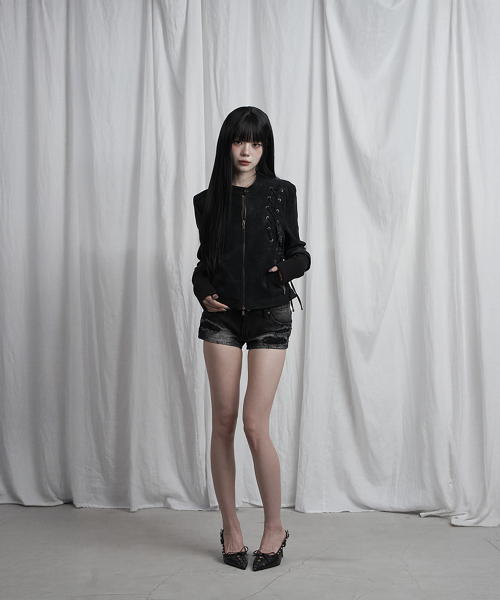 Eyelet Point Cropped Leather Jacket (Black)