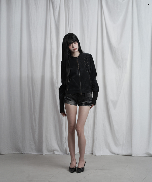 Eyelet Point Cropped Leather Jacket (Black)