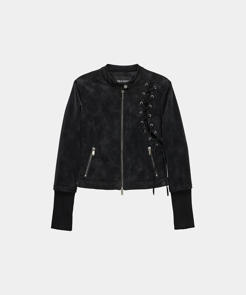 Eyelet Point Cropped Leather Jacket (Black)
