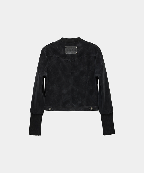 Eyelet Point Cropped Leather Jacket (Black)