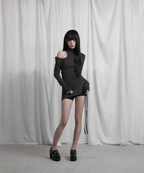 High Neck Shoulder Cut-Out Top (Charcoal)