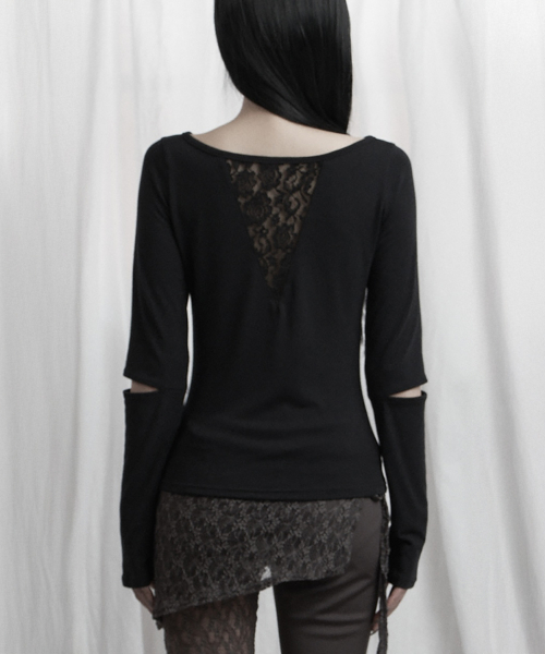 Back Lace Slit Sleeve top (Black)