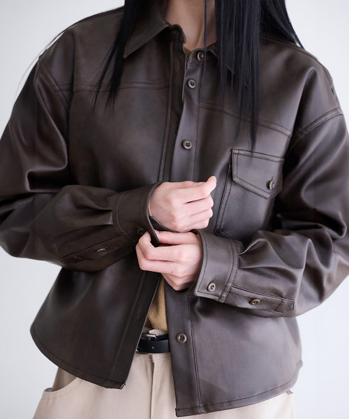 Faux Leather Shirt Jacket, BROWN