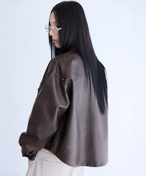 Faux Leather Shirt Jacket, BROWN