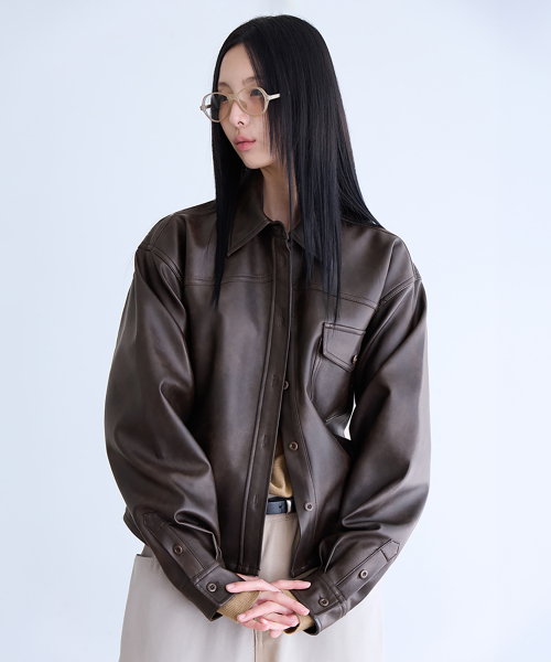 Faux Leather Shirt Jacket, BROWN