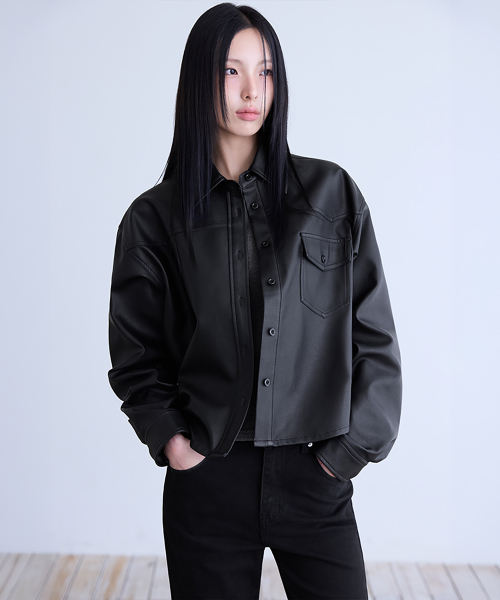 Faux Leather Shirt Jacket, BLACK