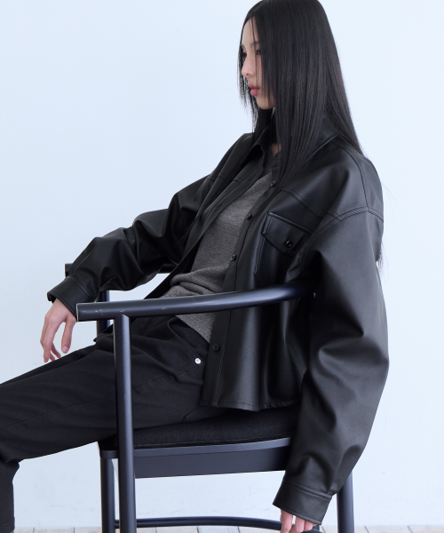 Faux Leather Shirt Jacket, BLACK