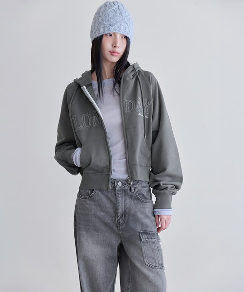 Logo Patch Crop Hoodie Zip-up, ASH KHAKI