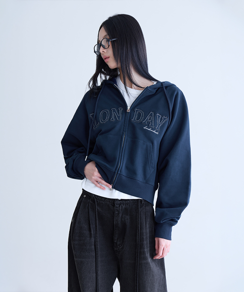 Logo Patch Crop Hoodie Zip-up, NAVY