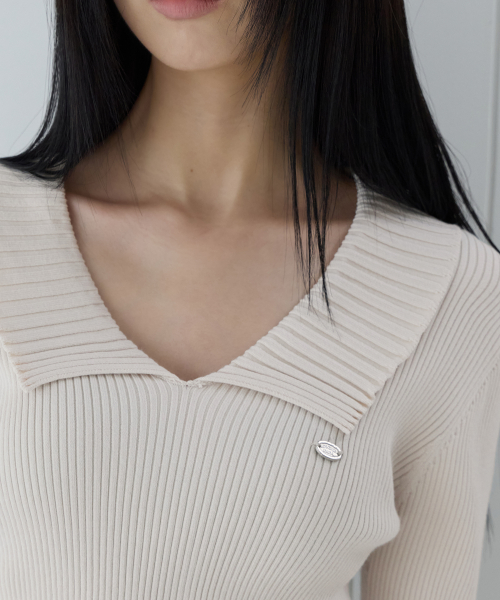 Open Collar Rib Knit Top, 2colors