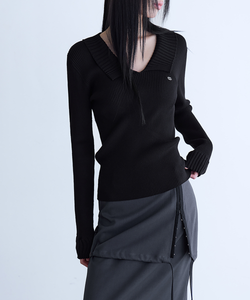 Open Collar Rib Knit Top, 2colors