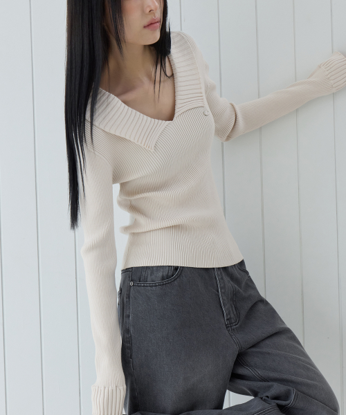 Open Collar Rib Knit Top, 2colors