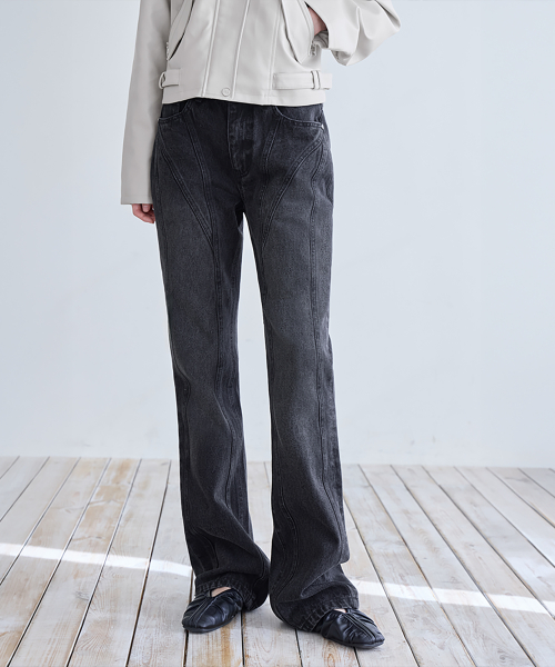 Paneled Slim Flare Jeans, BLACK