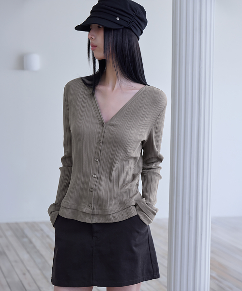Pleated Layered Slim Cardigan, COCOA