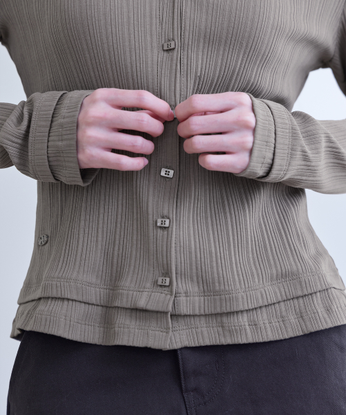 Pleated Layered Slim Cardigan, COCOA