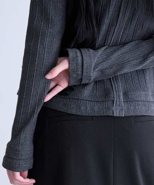 Pleated Layered Slim Cardigan, D.CHARCOAL