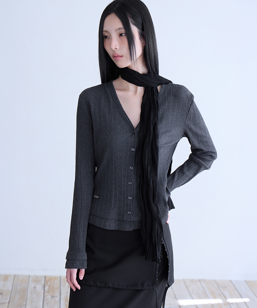 Pleated Layered Slim Cardigan, D.CHARCOAL