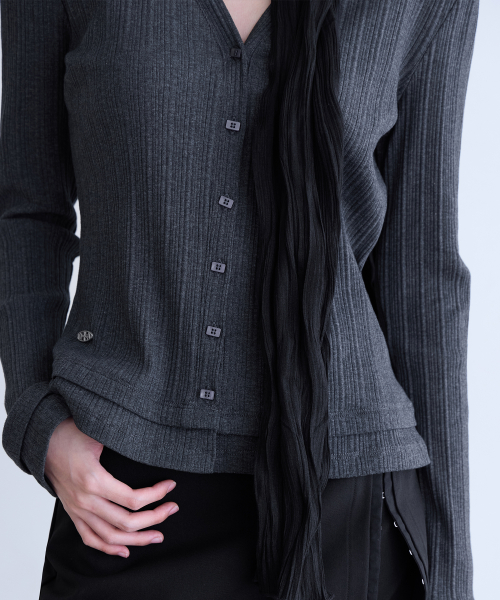 Pleated Layered Slim Cardigan, D.CHARCOAL