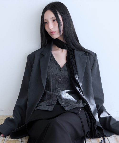 Pleated Layered Slim Cardigan, D.CHARCOAL