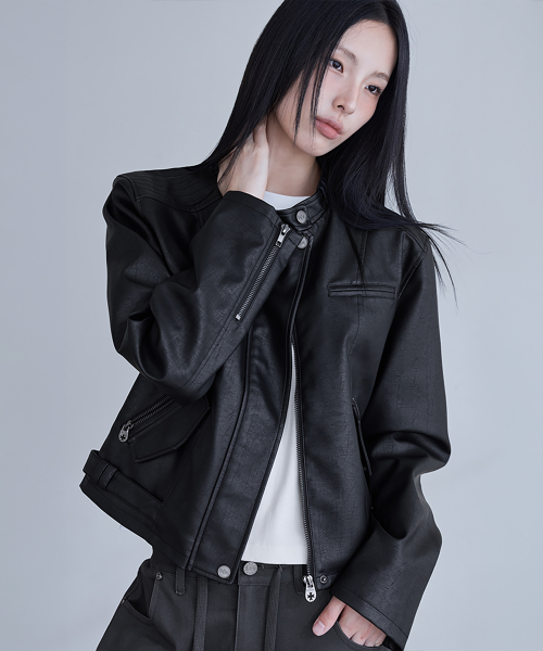 Regular-Fit Faux Leather Single Rider Jacket, BLACK