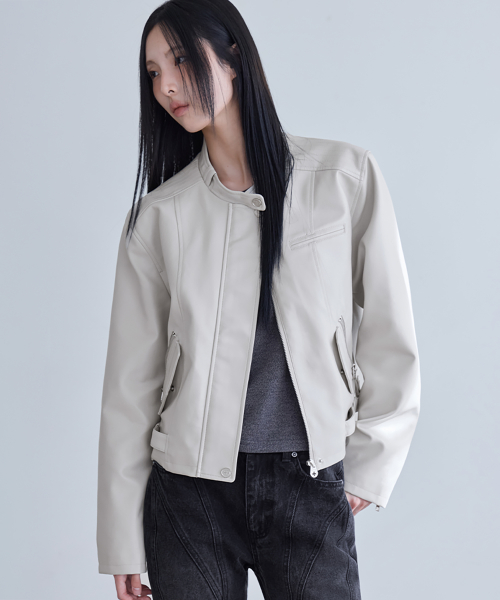 Regular-Fit Faux Leather Single Rider Jacket, GREIGE