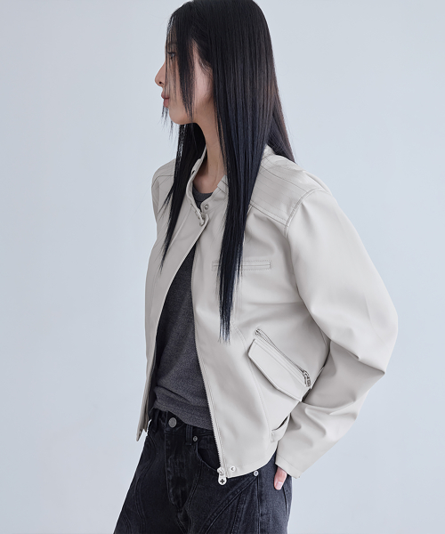 Regular-Fit Faux Leather Single Rider Jacket, GREIGE