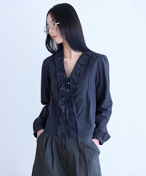 Ruffle Tie Crop Blouse, NAVY