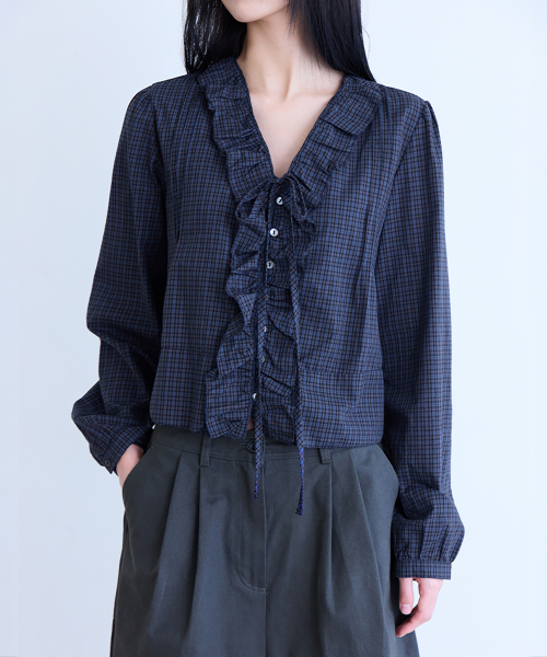 Ruffle Tie Crop Blouse, NAVY