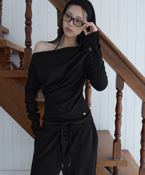 [SET-UP] Draped Boat Neck Slim T-Shirts, 2colors