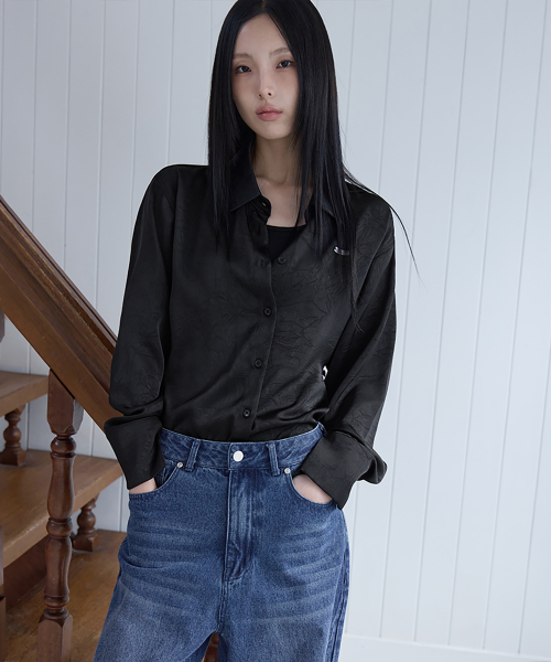 Satin Button Waist Blouse, BLACK