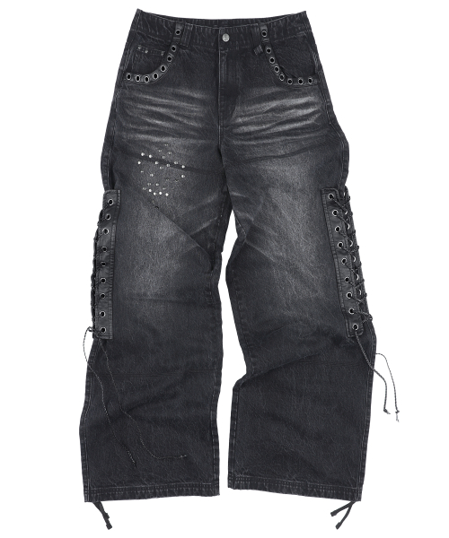 GBOP002 사이드 코르셋 레귤러핏 워시드 블랙 데님 팬츠 G26BD8002BK (BLACK)